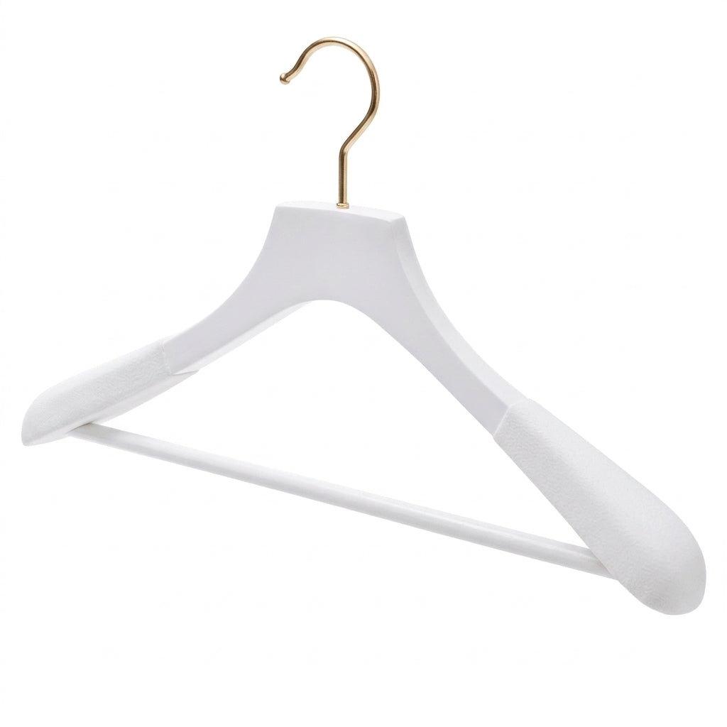 Luxury White Wood Coat Hanger With Bar - 45cm X 50mm Thick Shoulders with White Velvet Coating Sold 2/6/10/20