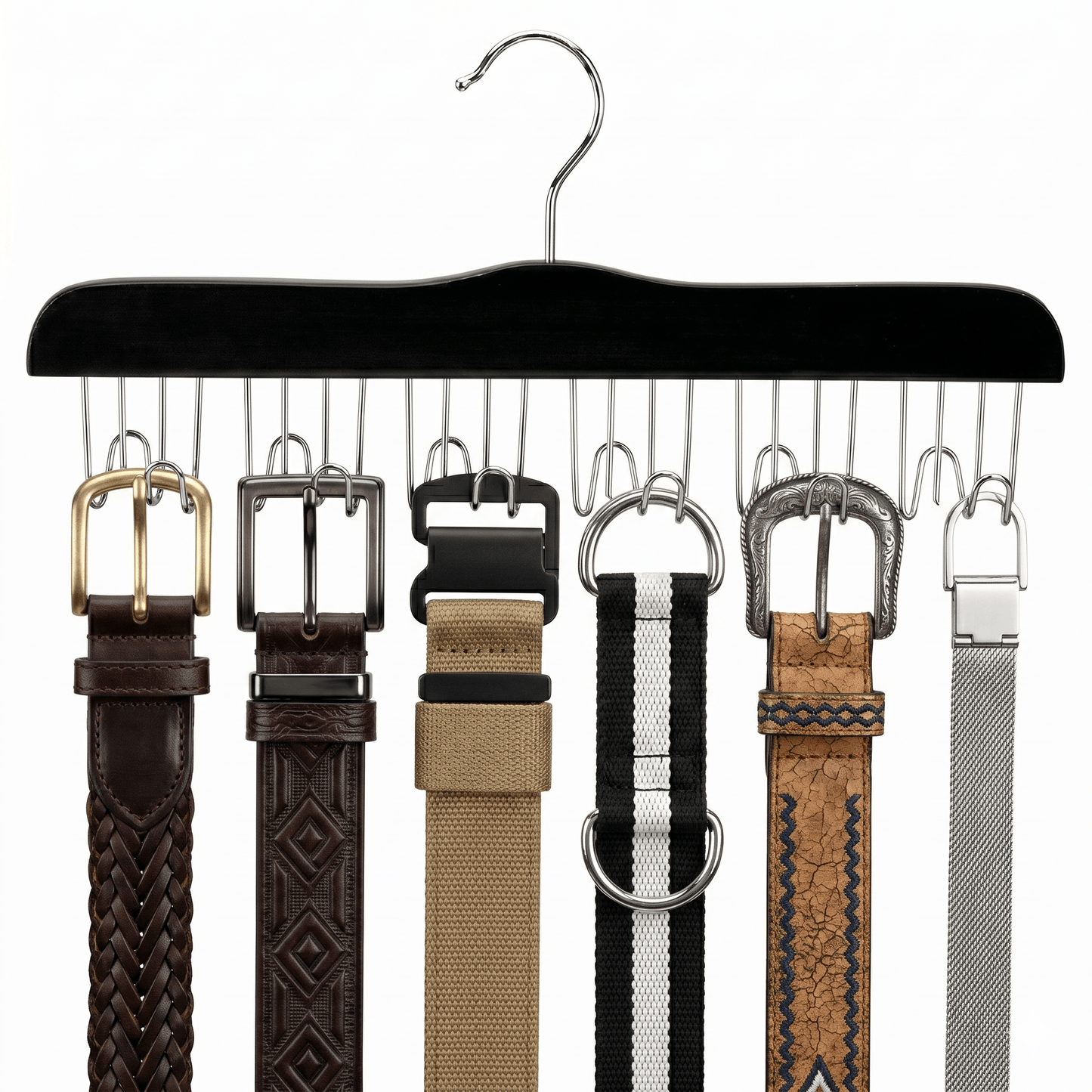 Black hanger with various belts on a white background