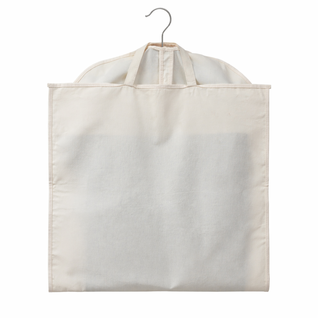 White garment bag with a hanger on a white background