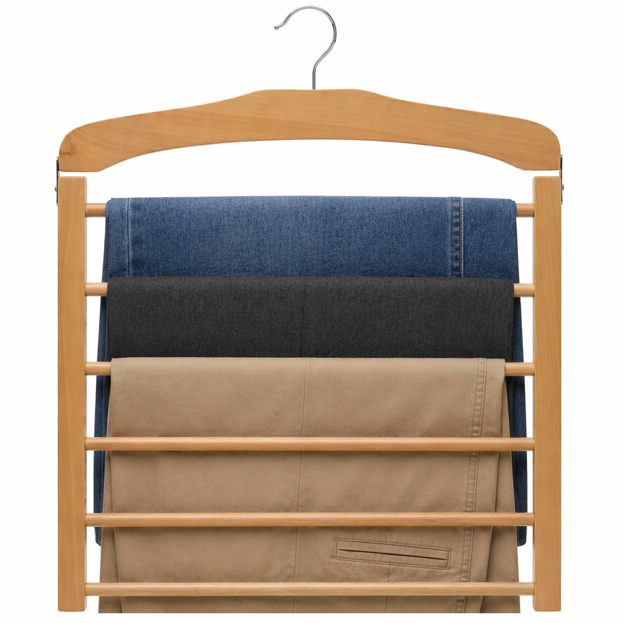 Wooden hanger with three pairs of pants on a white background