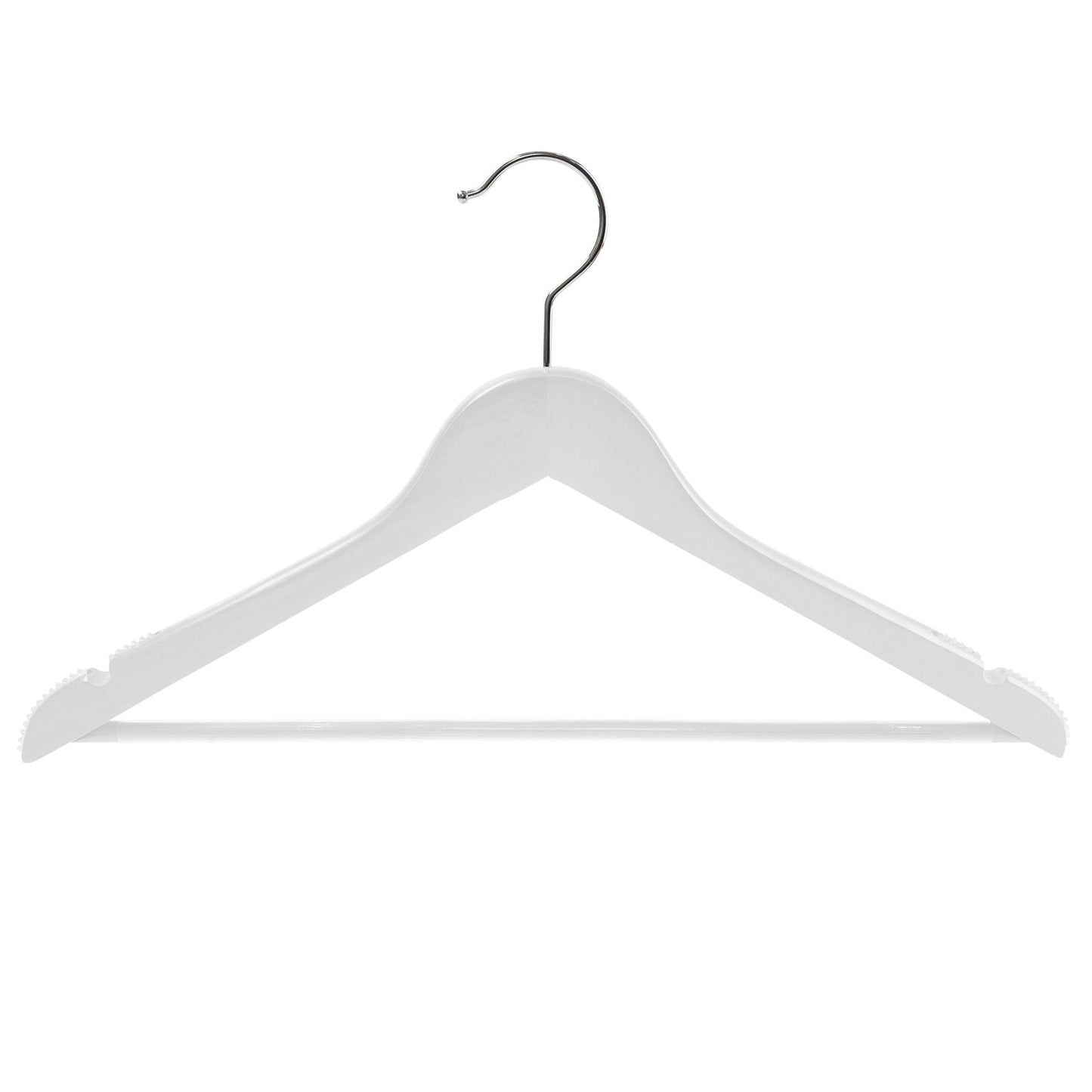 White Wood Suit Hanger With Curved Body Soft Rubber installed on Shoulders & Pant Bar - 44.5cm X 14mm Thick (Sold in 25/50/100) - Hangersforless