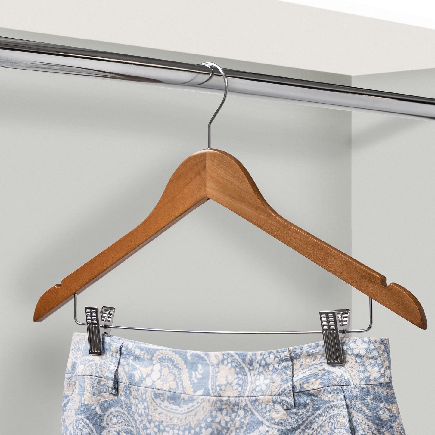 Walnut Wooden Combination Hanger w/Clips - 43cm X 12mm Thick (Sold in 25/50/100) - Hangersforless