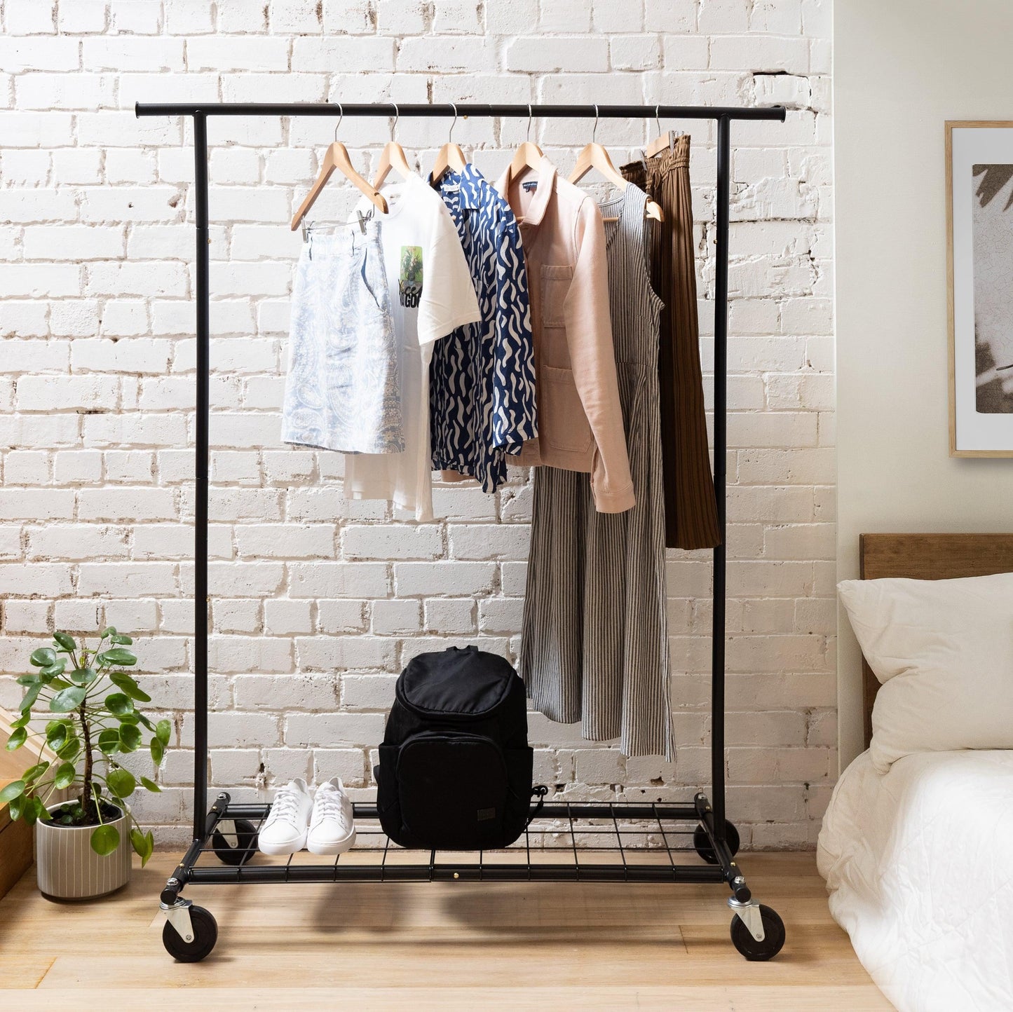 Standard Matte Black Metal Clothes Rack With Removable Bottom Panel -100kgs Weight Capacity - Heavy Duty Large Rubber Casters - Hangersforless