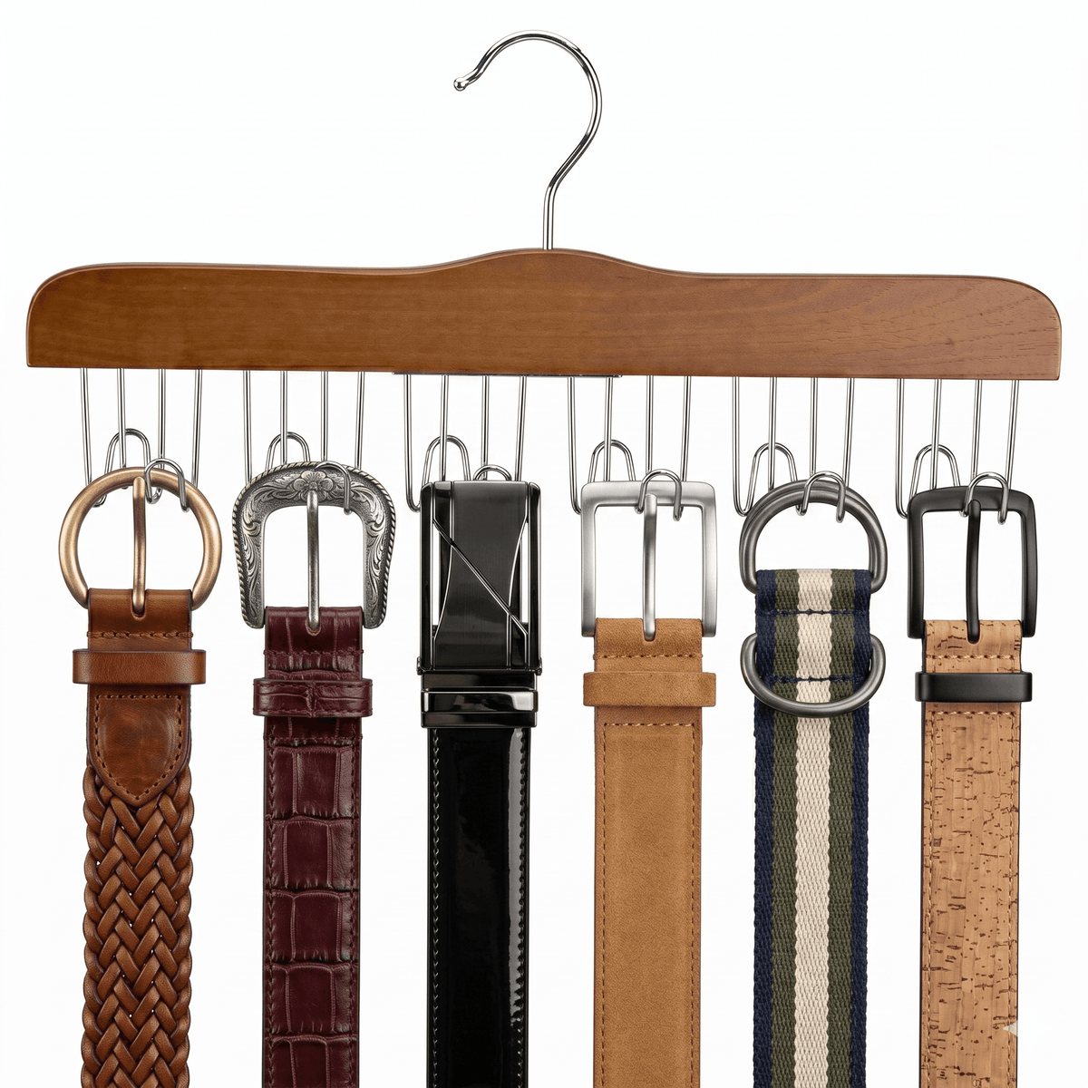 Set of six belts on a wooden hanger with various designs and colors.
