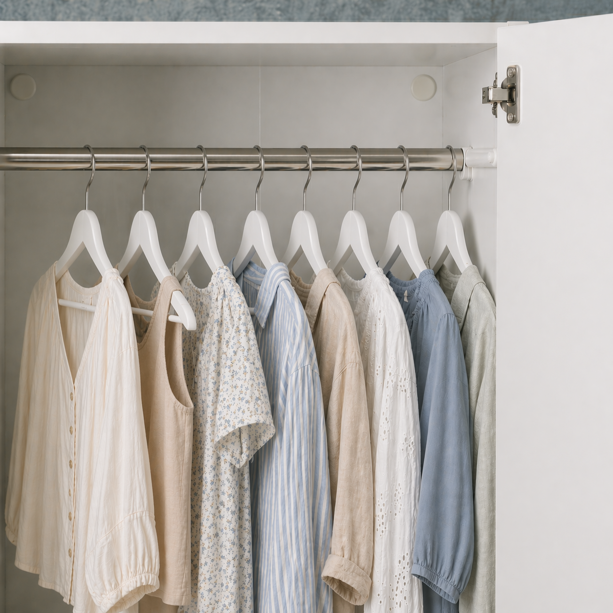 Clothing items on hangers inside a wardrobe with neutral colors.