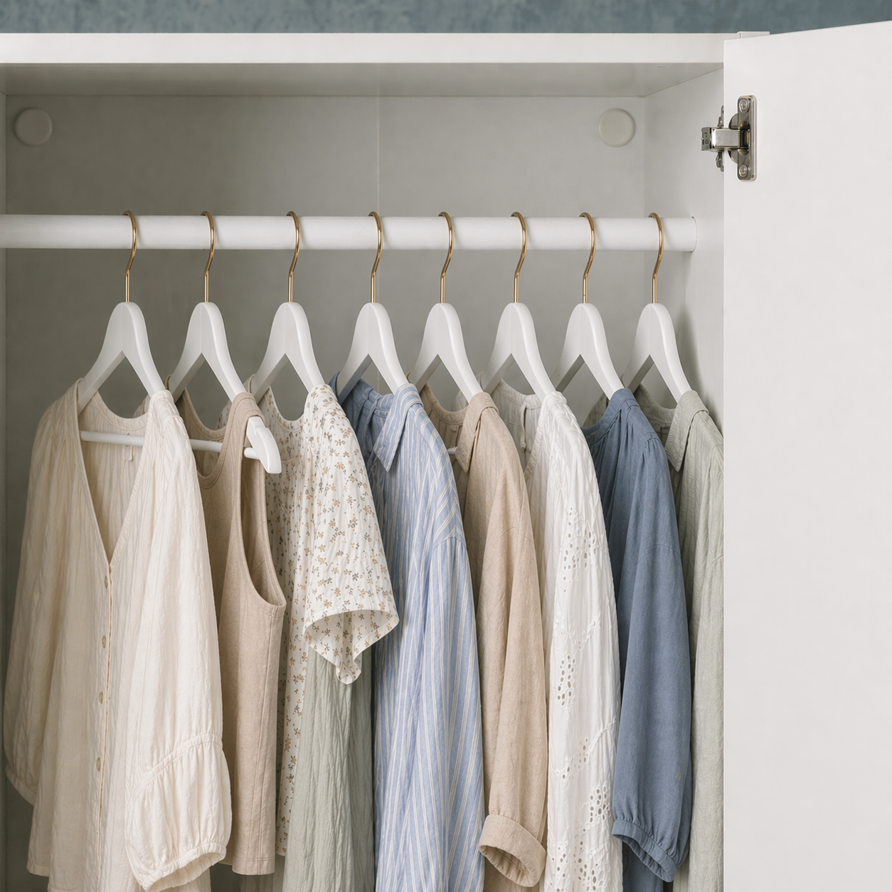 Clothing items on hangers inside a white wardrobe with a neutral color scheme.