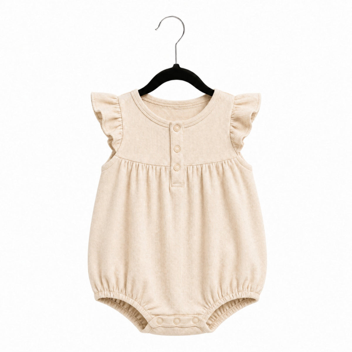 Beige baby romper with ruffled sleeves on a hanger against a white background