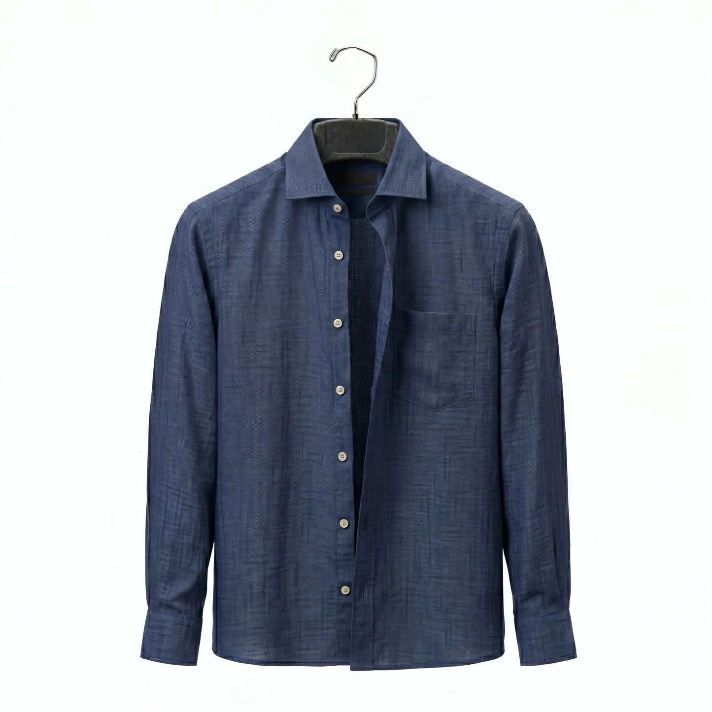 Blue shirt on a hanger against a white background
