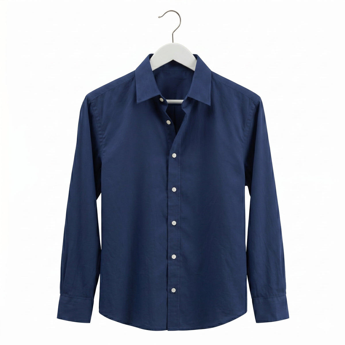 White commercial grade wooden coat hanger with metal hook and a blue colour shirt on