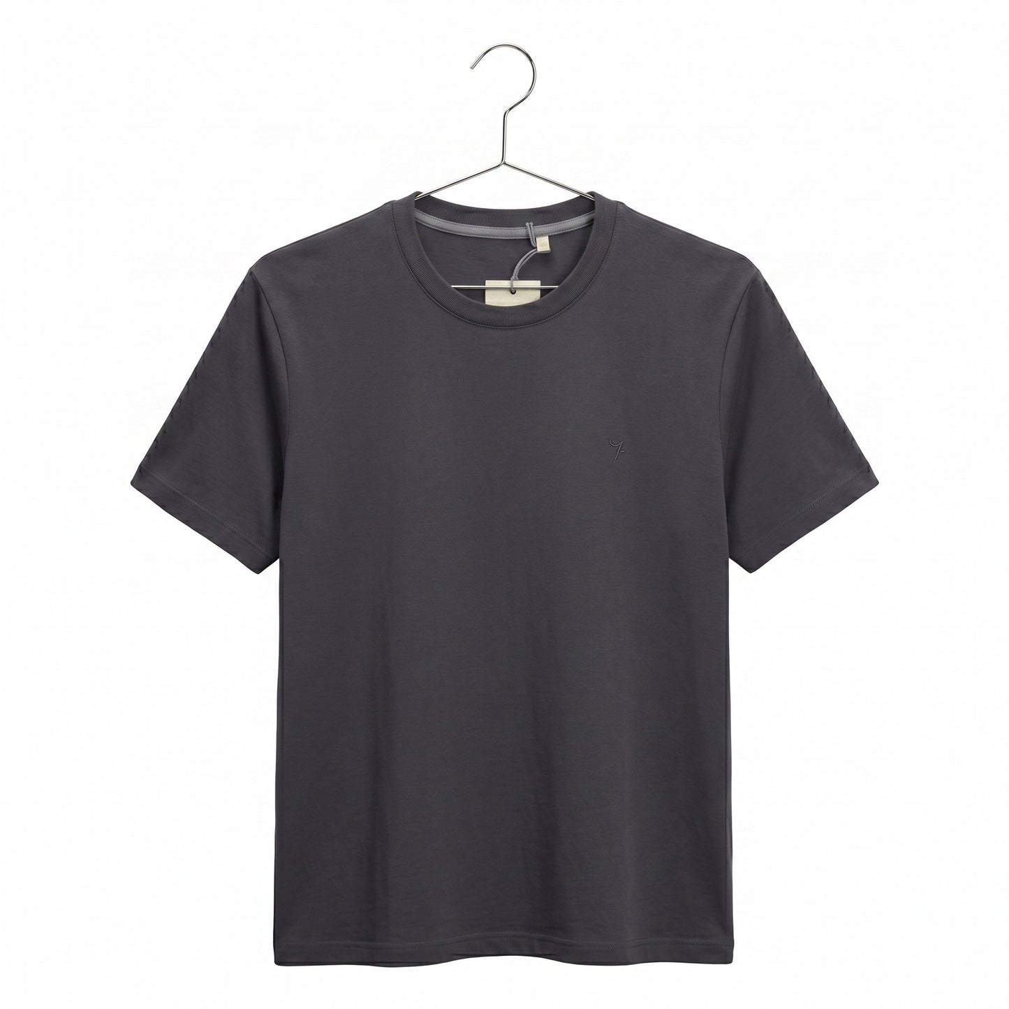 Grey short-sleeve shirt on a hanger against a white background