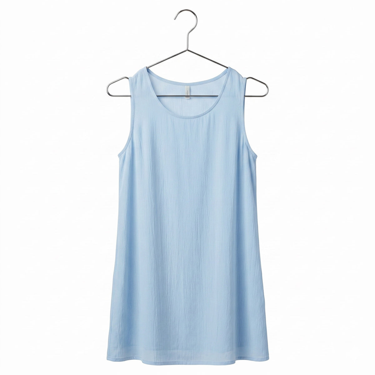 a light Blue Dress hang on a metal chrome hanger against white background