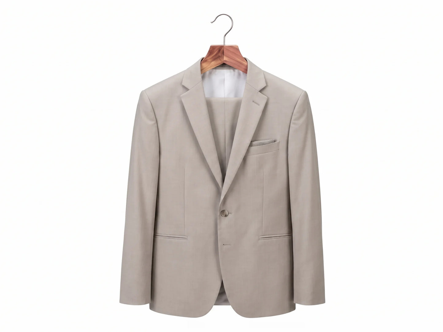 light beige suit on a cedar suit hanger