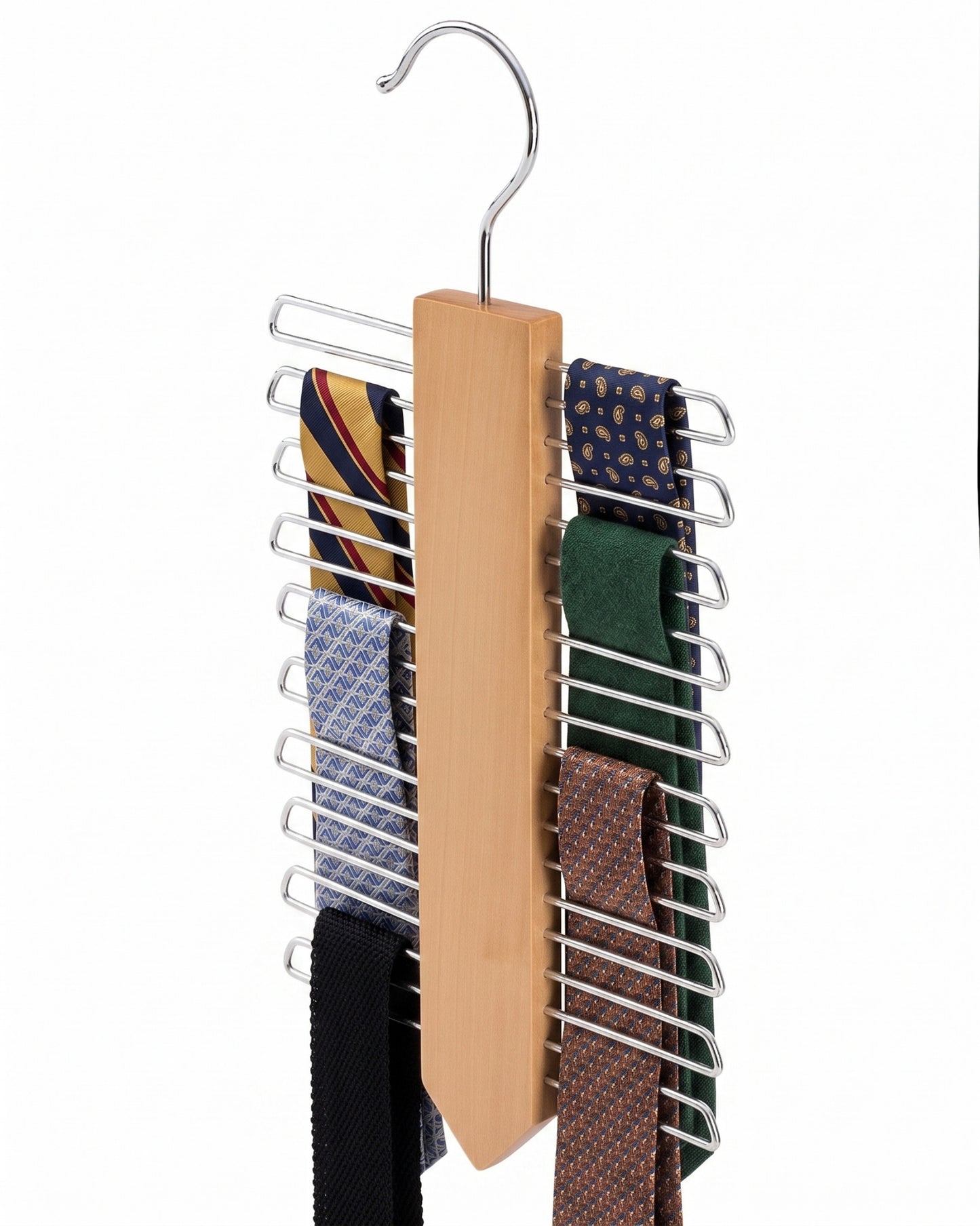 Tie rack with multiple ties on a white background