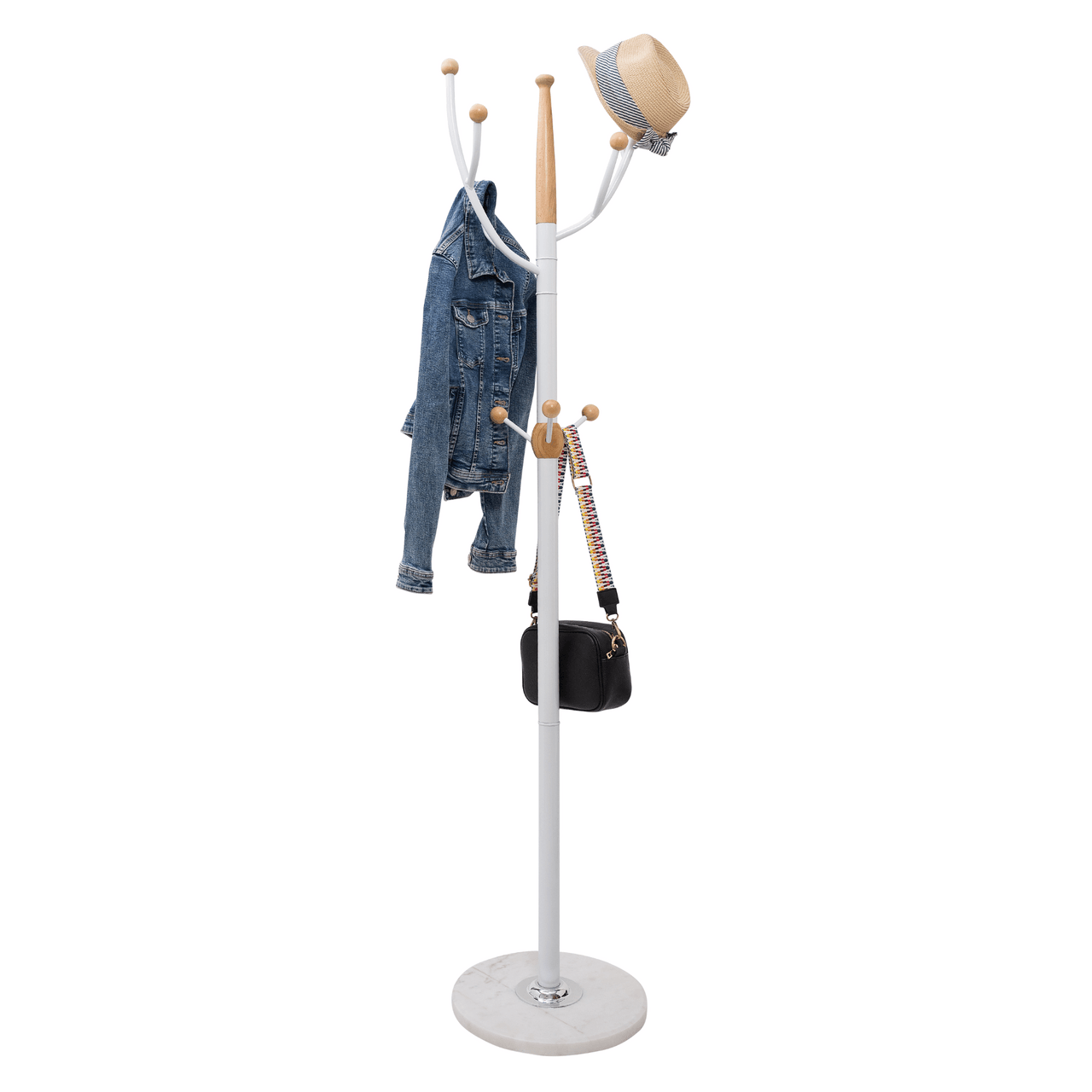 Coat Rack With Heavy Duty White Metal & Beech Wood Ball -- Solid Marble Base - Hangersforless
