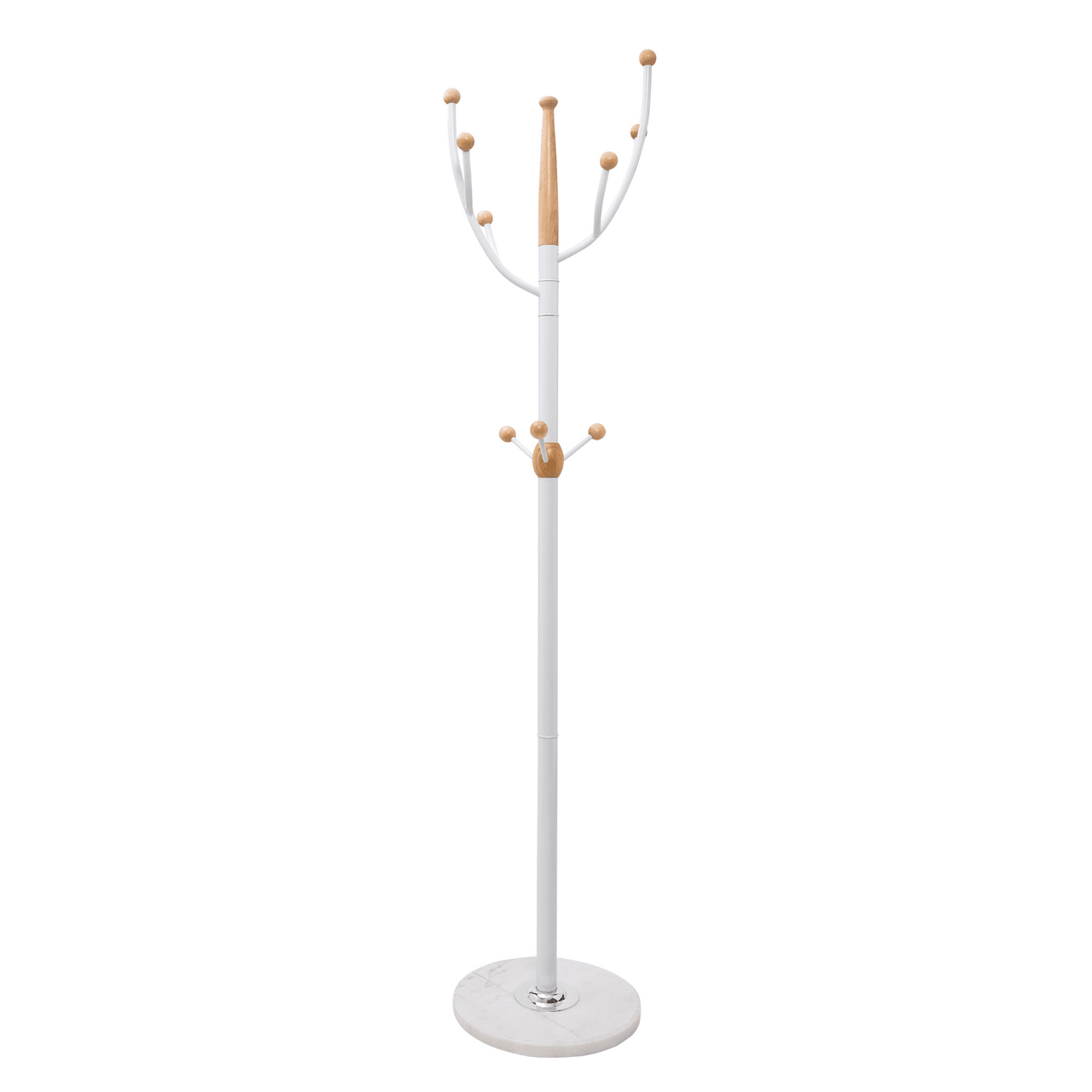 Coat Rack With Heavy Duty White Metal & Beech Wood Ball -- Solid Marble Base - Hangersforless