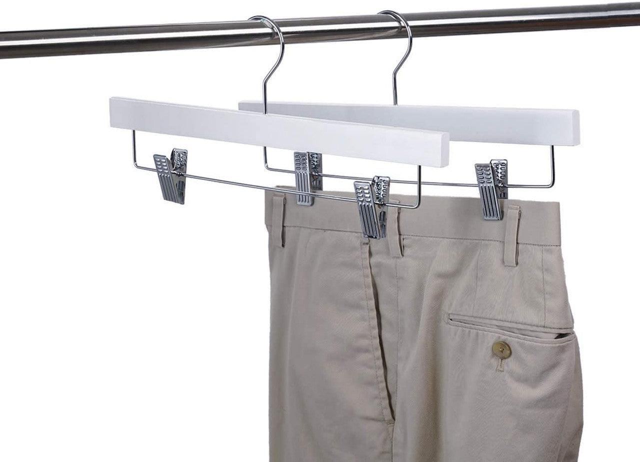 White Wooden Pant Hanger W/Clips - 35.5cm X 12mm Thick (Sold in 25/50/100) - Hangersforless