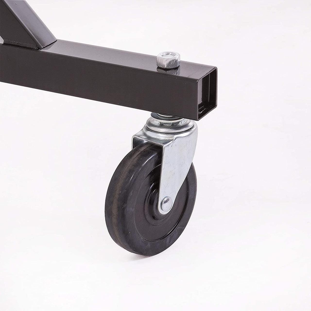 Close-up of black metal frame base with single black caster wheel for clothing rack or storage organizer