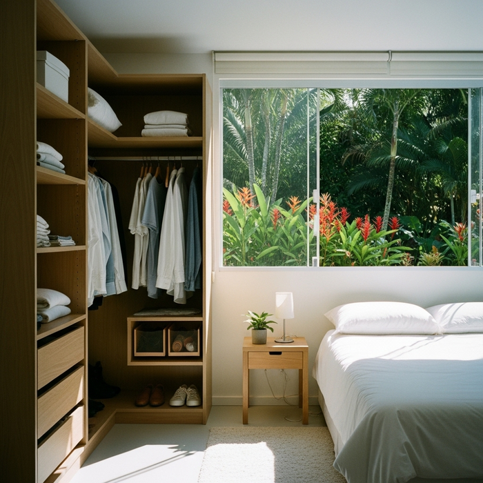 Minimalist bedroom with wooden open closet, white bed, and window showing tropical garden