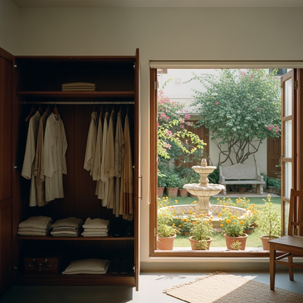 Open wooden wardrobe with beige clothes and folded textiles next to window overlooking garden with stone fountain and flowers