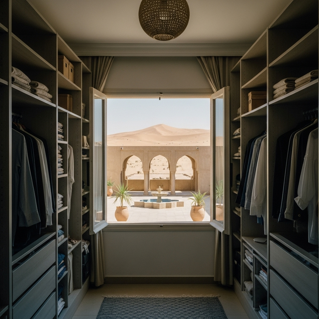 Modern walk-in closet with open window view of desert dunes, arched architecture, and fountain courtyard