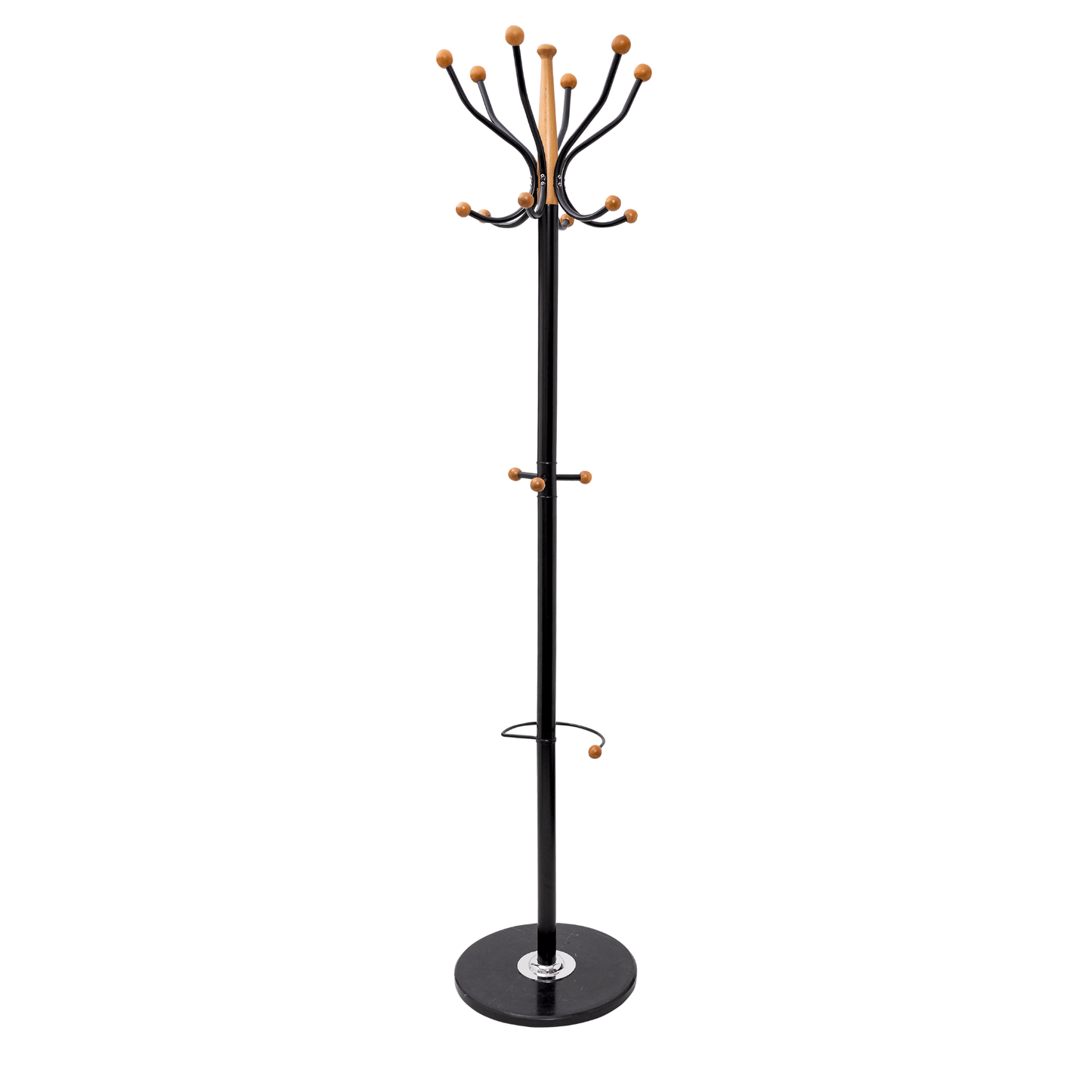 Coat Rack Stand With Heavy Duty Black Metal & Beech Wood Ball - Solid Marble Base - Hangersforless