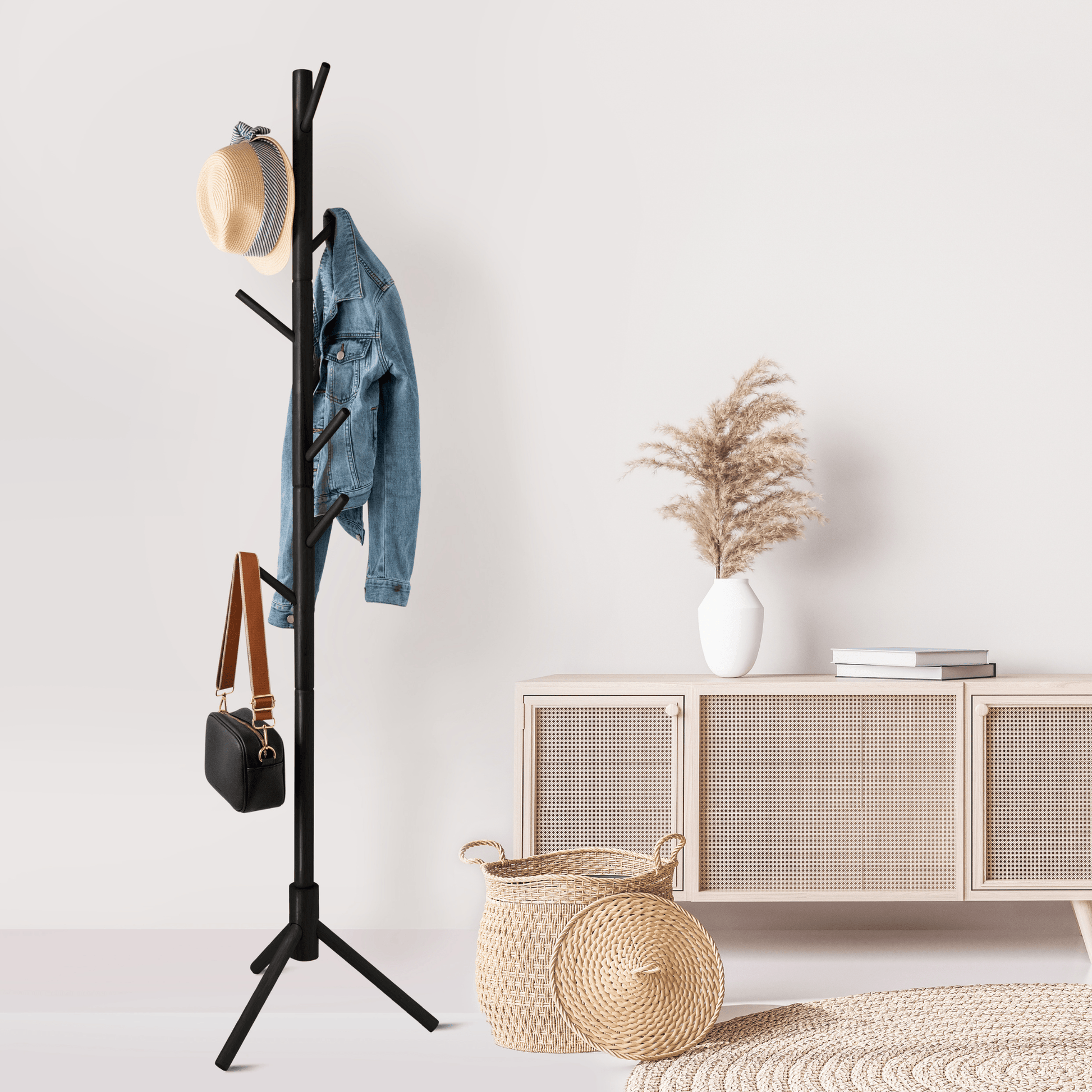 Black Wood Coat Rack Stand 8 Hooks Solid Oak Easy