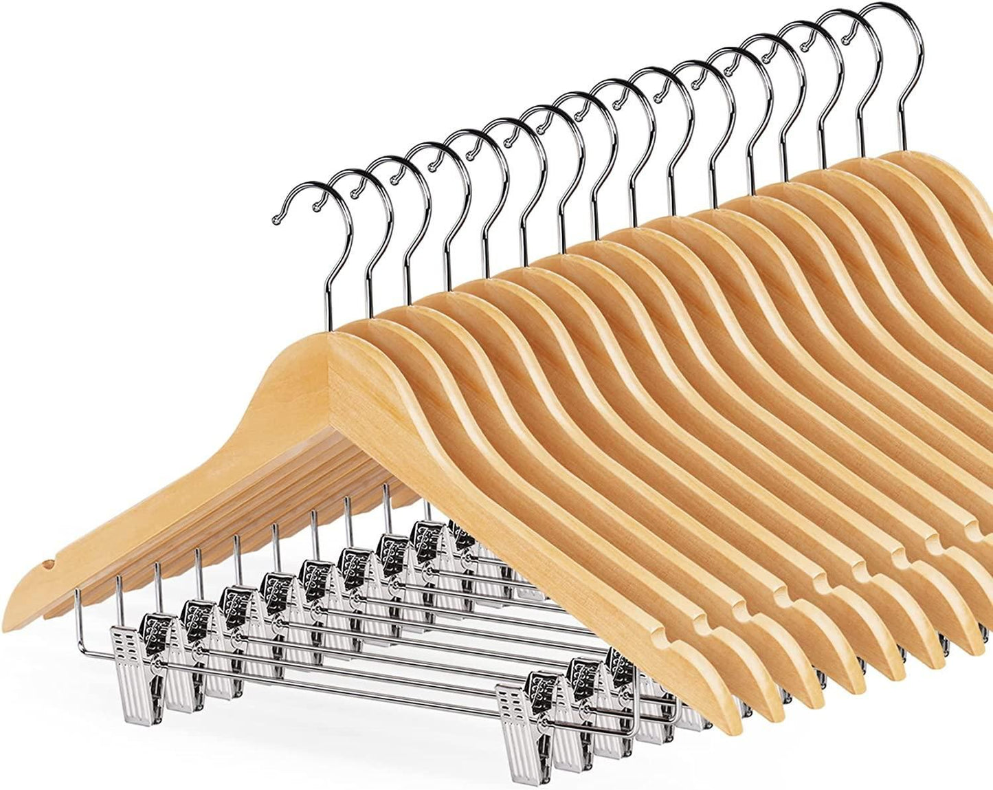 Natural Wood Combination Hangers With Clips - 43cm X 12mm Thick (Sold in 25/50/100) - Hangersforless
