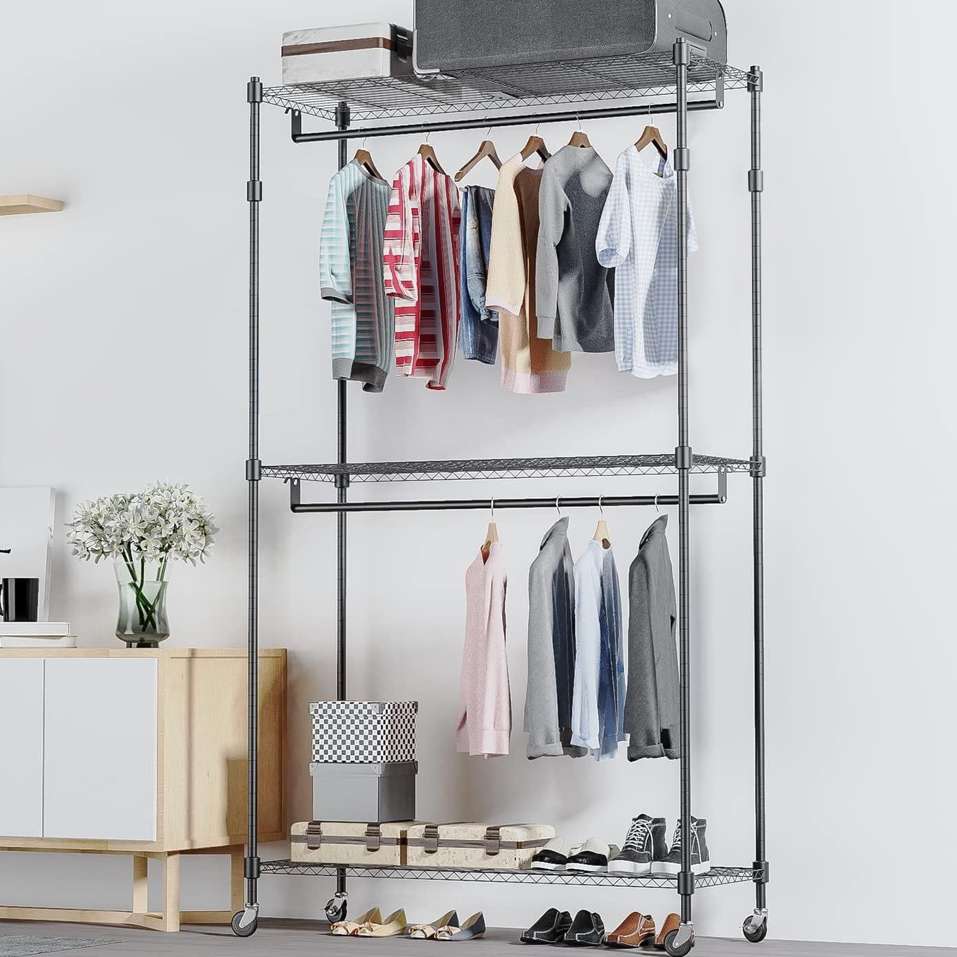 Heavy Duty Matte Black Metal Garment Rack With Shelves & Removable Wheels - Hold 50kgs Each Shelve - Hangersforless