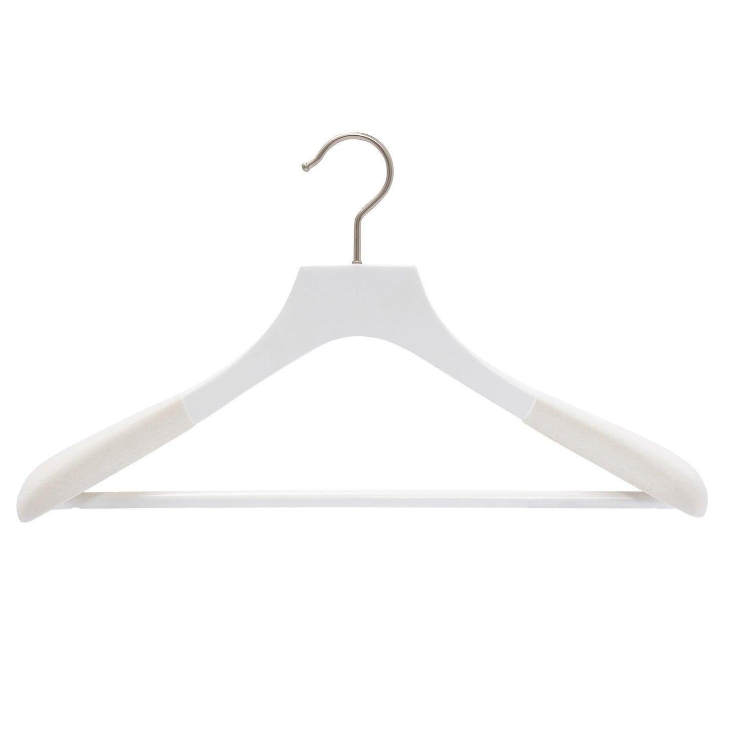 White Wood Coat Hanger With Bar - 46cm X 50mm Thick Shoulders with White Velvet Coating Sold 2/6/10/20 - Hangersforless