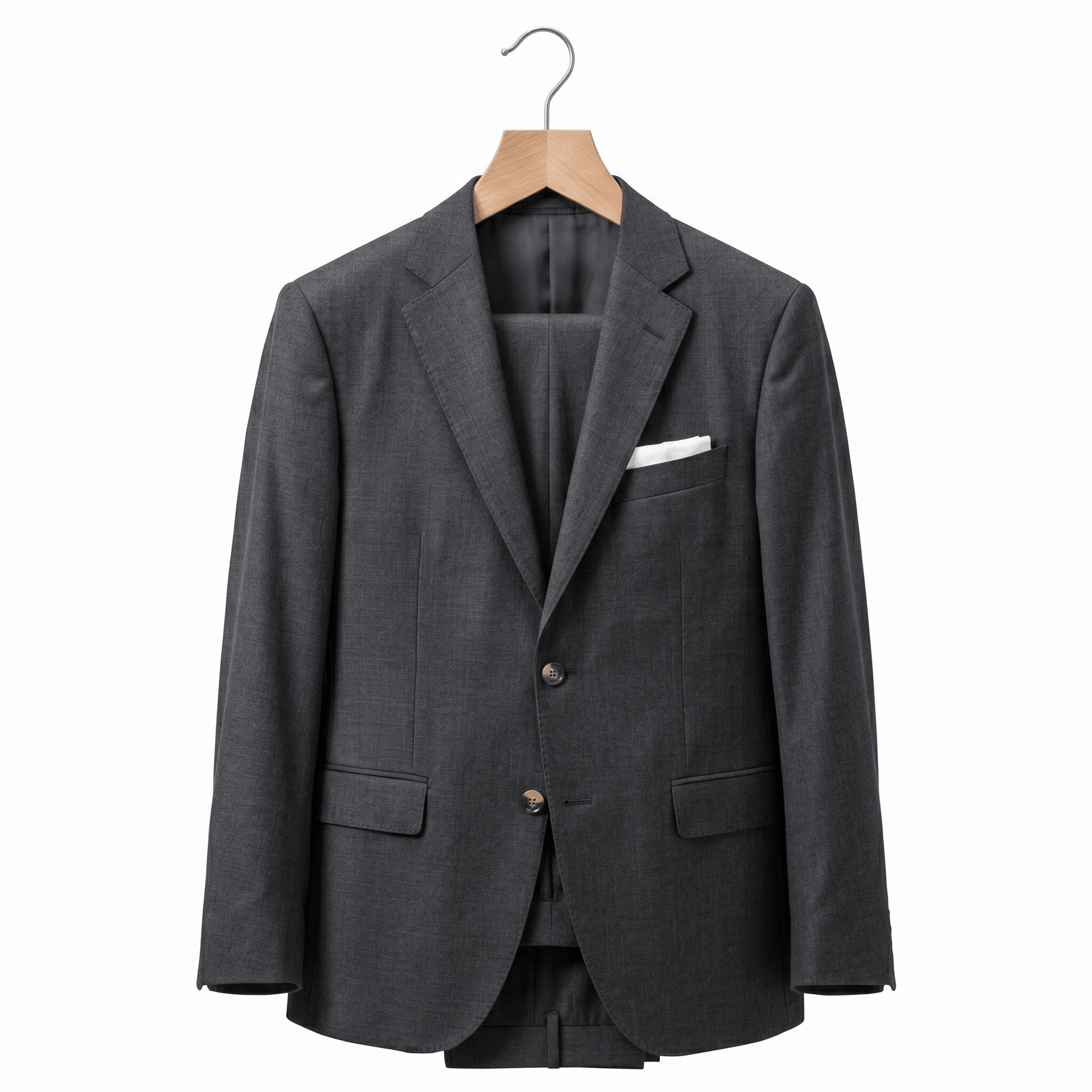 Dark gray blazer on a hanger against a white background