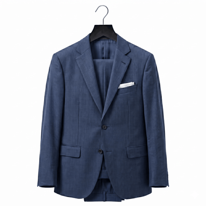 Blue suit jacket on a hanger against a white background