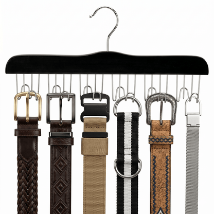 Black hanger with various belts on a white background