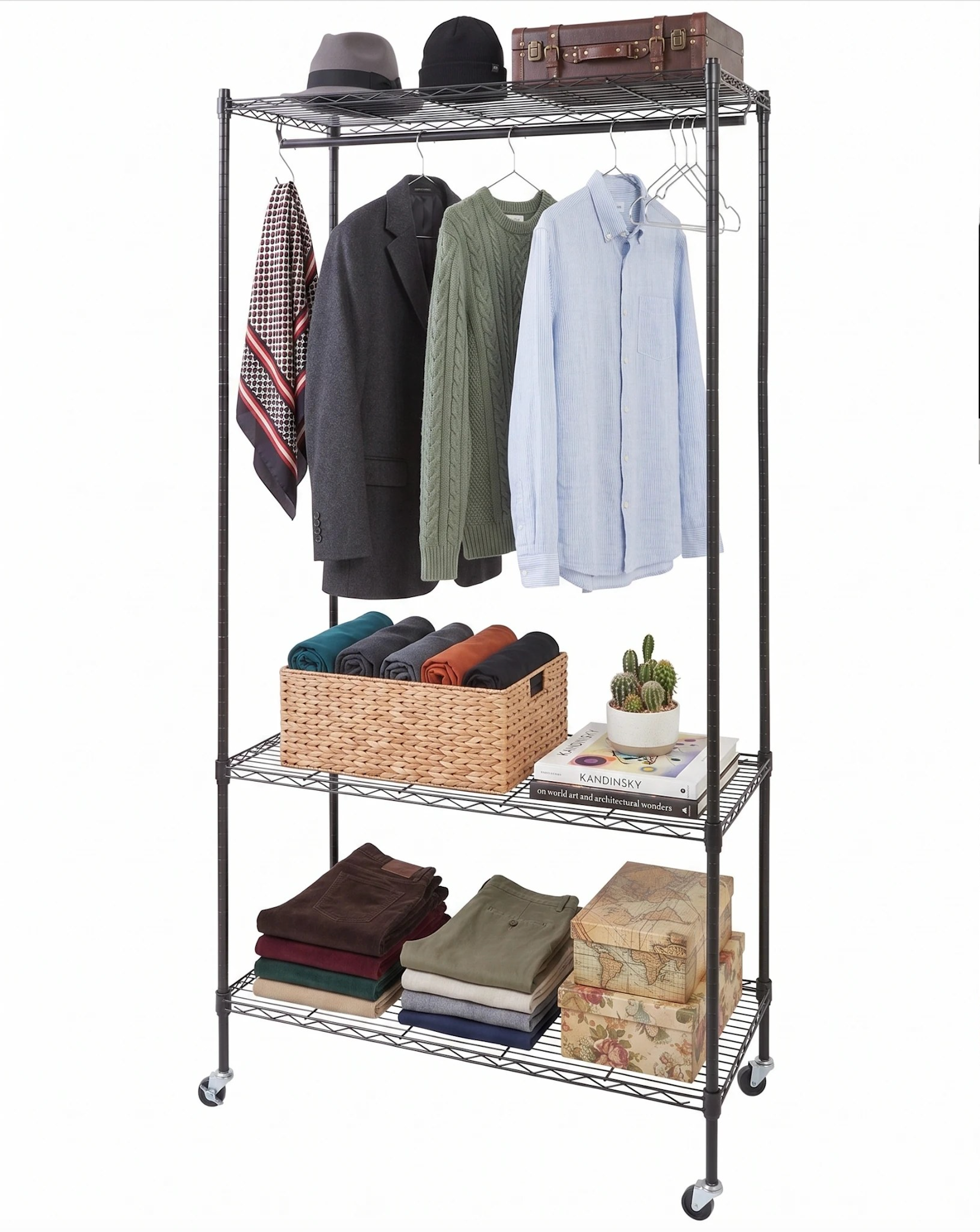 Black Metal shelving wardrobe loaded with variety stuff and clothes