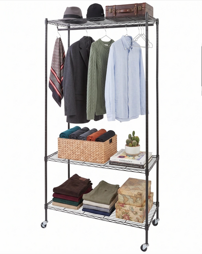 Black Metal shelving wardrobe loaded with variety stuff and clothes