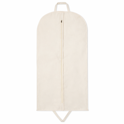 White garment bag with a zipper on a white background