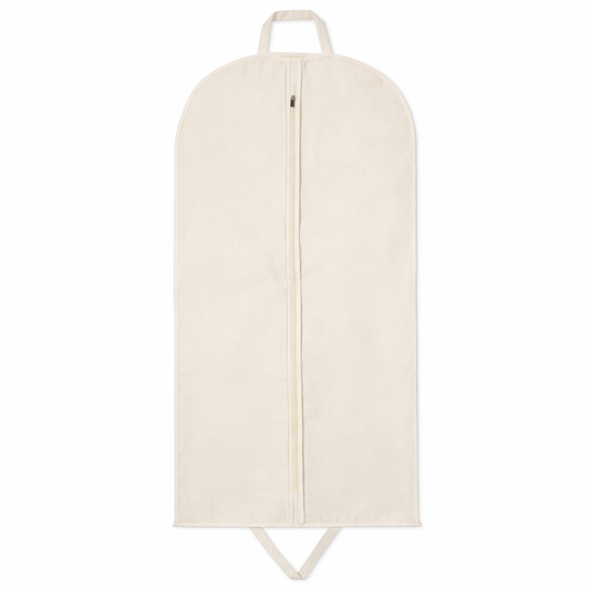 White garment bag with a zipper on a white background