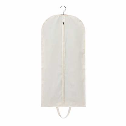 White garment bag with a zipper on a white background