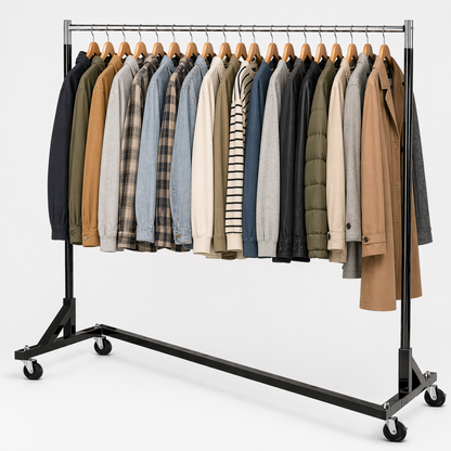 Clothing rack with various jackets and coats on a white background