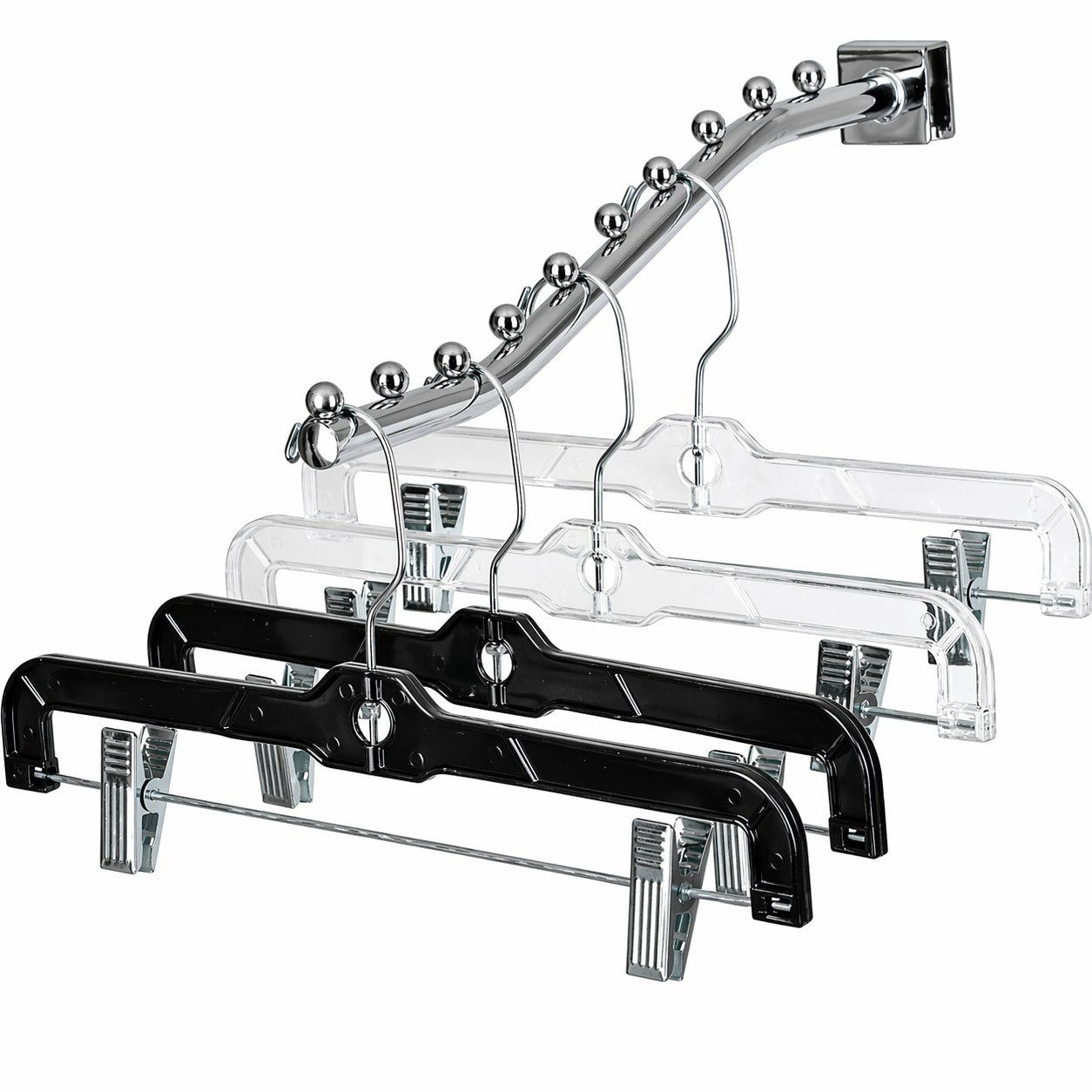 Set of clear, black, and chrome hangers on a white background