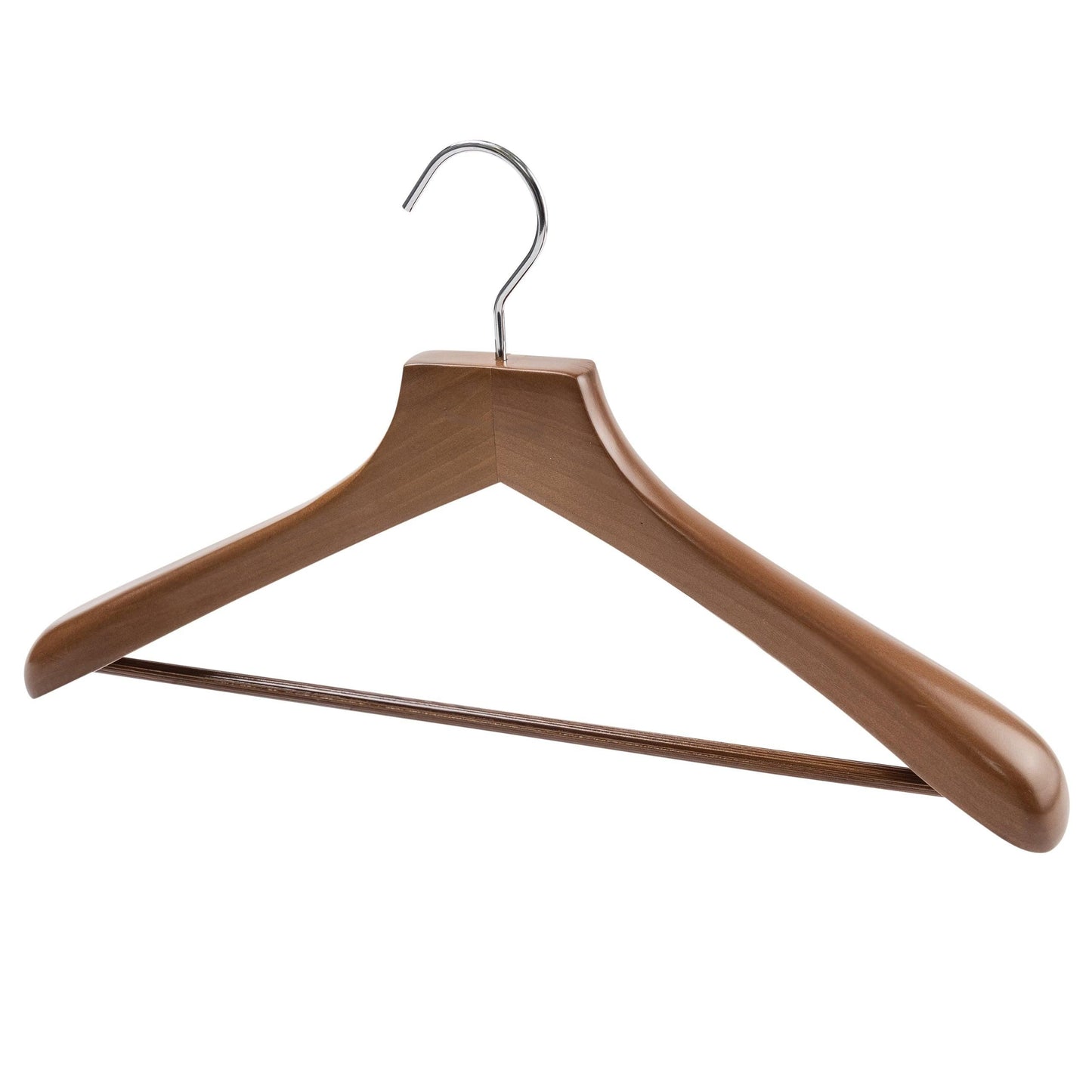 Deluxe Walnut Wooden Coat Hanger w/Non-Slip Bar - 46cm X  50mm Thick (Sold in 5/10/20) - Hangersforless