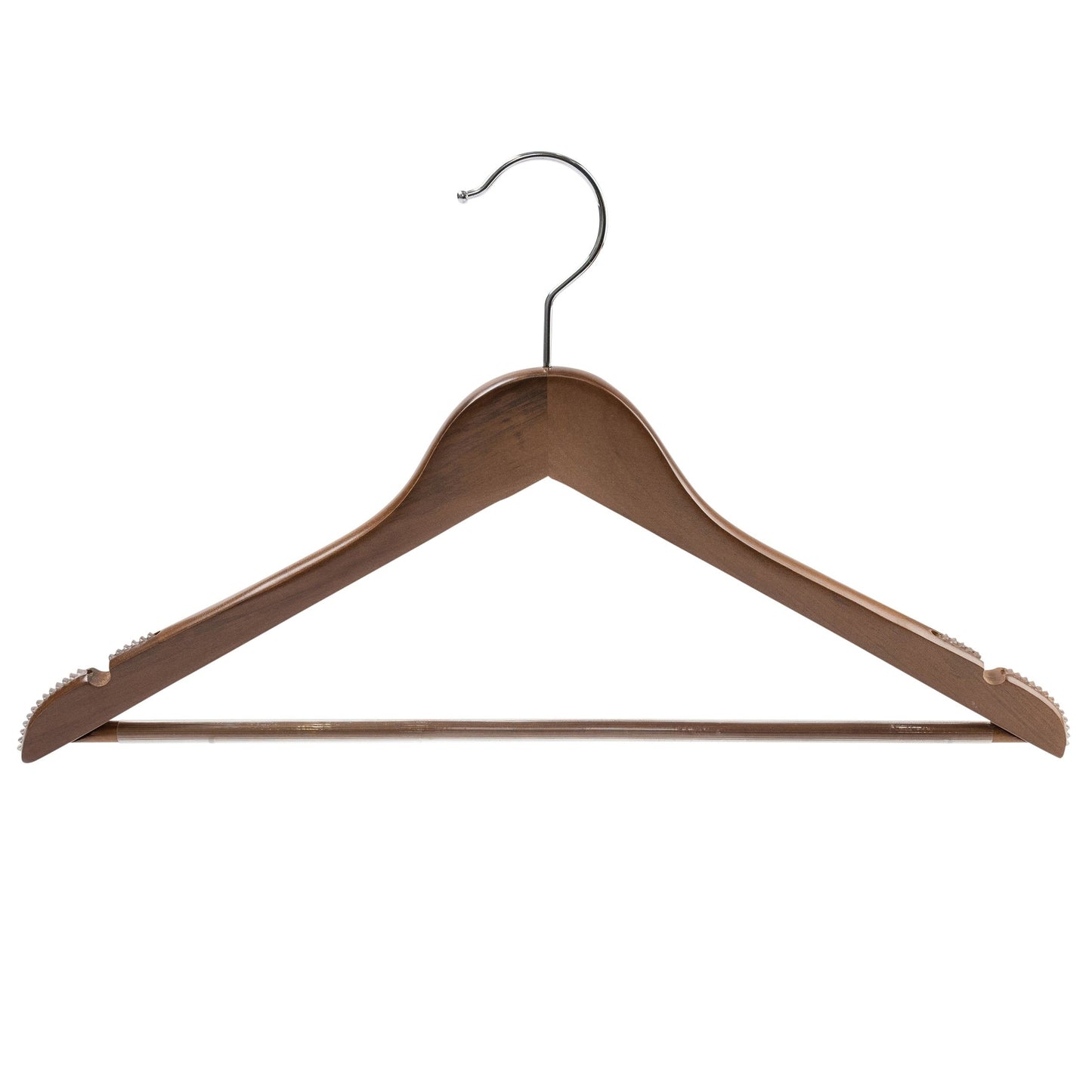 Walnut Wood Suit Hanger With Curved Body Soft Rubber installed on Shoulders & Pant Bar - 44.5cm X 14mm Thick (Sold in 25/50/100)