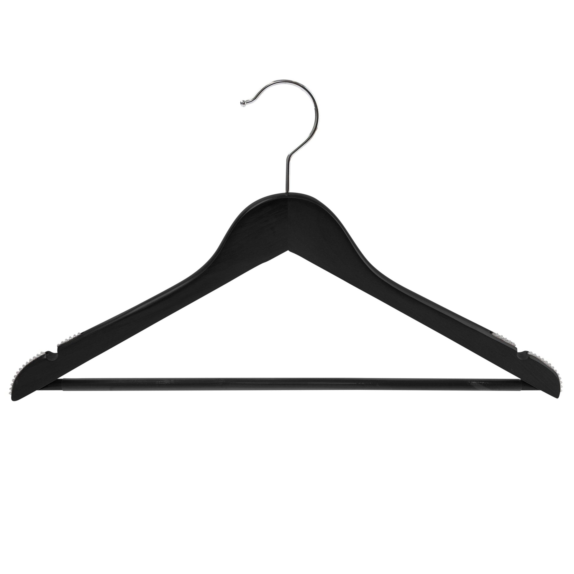 Black Wood Suit Hanger With Curved Body Soft Rubber installed on Shoulders & Pant Bar - 44.5cm X 14mm Thick (Sold in 25/50/100) - Hangersforless