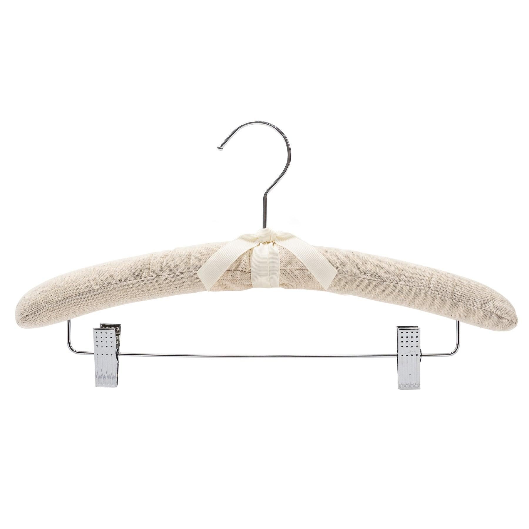 Padded Coat Hangers With Chrome Hook & Clips - Natural Canvas - 38cm X 45mm Thick (Sold in Bundles of 25/50) - Hangersforless