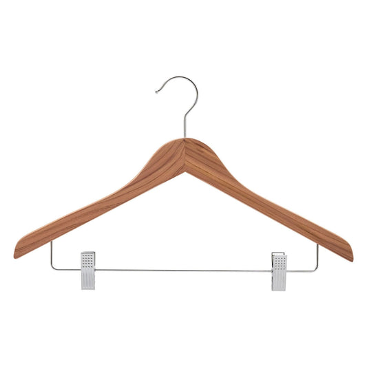 Wooden coat hanger with metal hook and adjustable clips for clothing storage