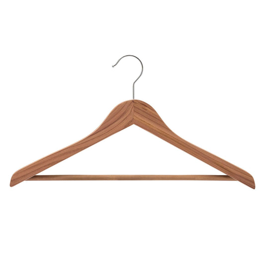 Natural wood clothes hanger with metal hook and trouser bar for wardrobe storage