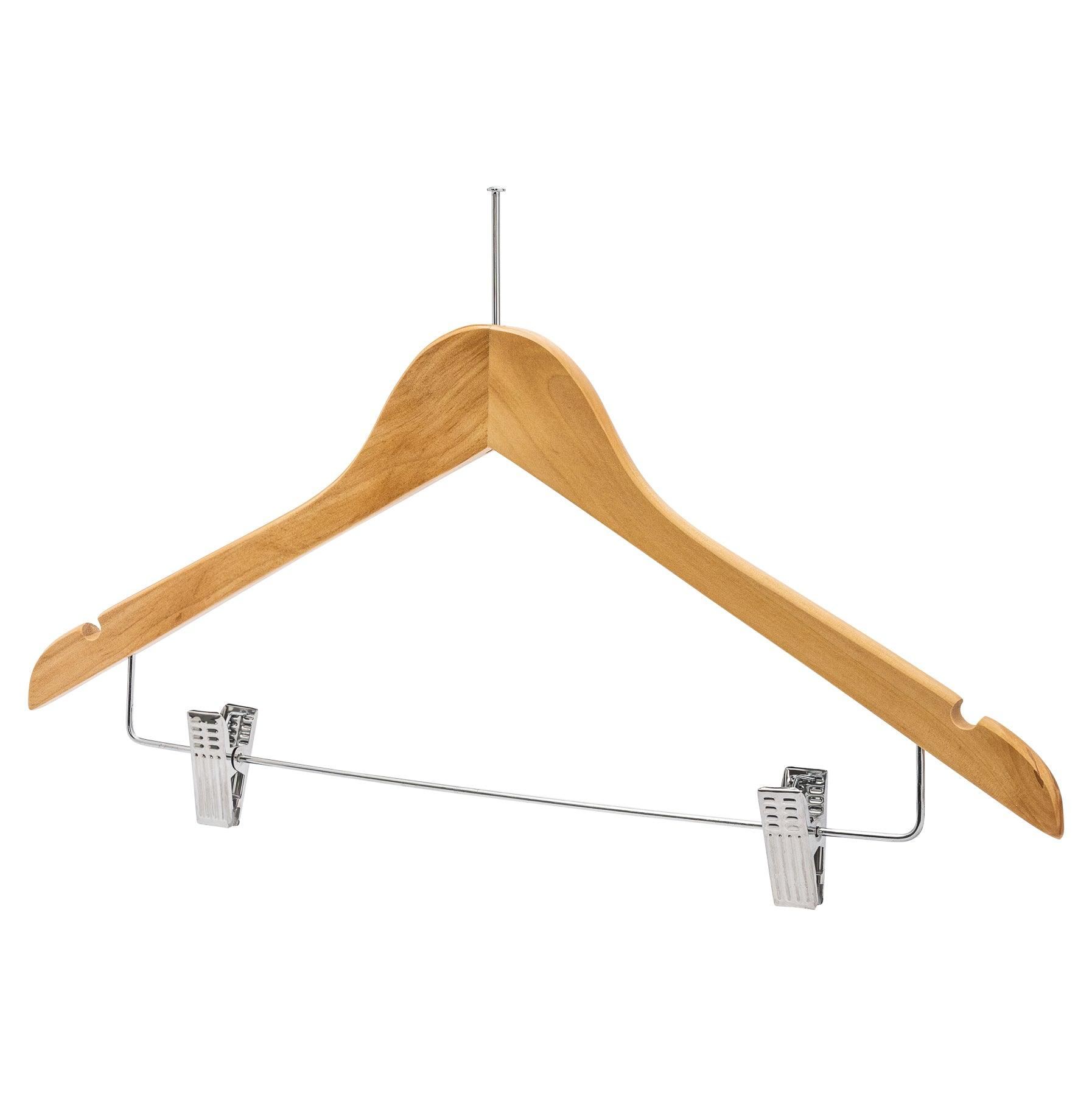 Natural Wooden Anti-Theft Hanger w/Clips - 43cm X 12mm thick  (Sold in 25/50/100) - Hangersforless
