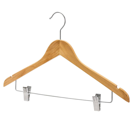 Natural Wood Combination Hangers With Clips - 43cm X 12mm Thick (Sold in 25/50/100) - Hangersforless