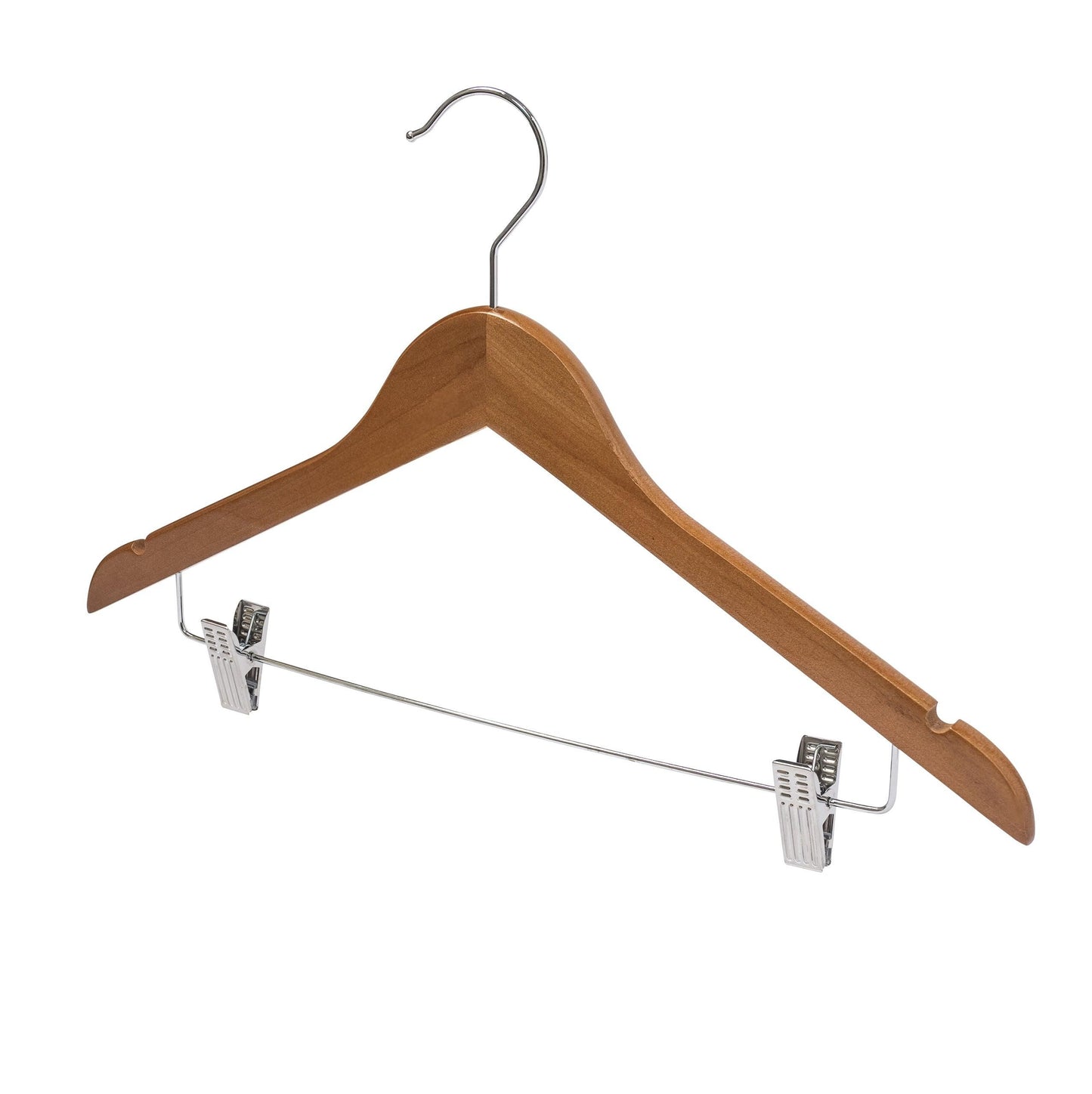 Walnut Wooden Combination Hanger w/Clips - 43cm X 12mm Thick (Sold in 25/50/100) - Hangersforless