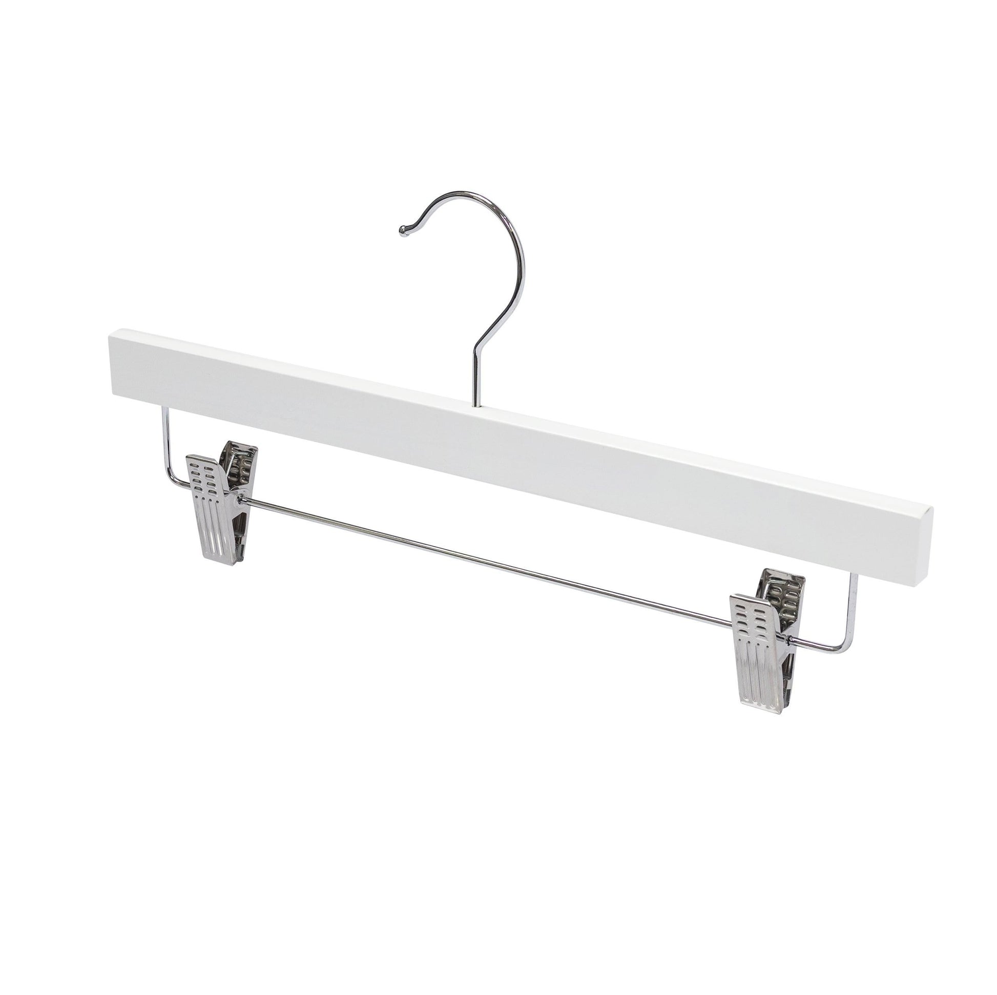White Wooden Pant Hanger W/Clips - 35.5cm X  12mm Thick (Sold in 25/50/100) - Hangersforless