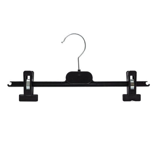 Black plastic clip hanger with adjustable clips and silver metal hook for clothes